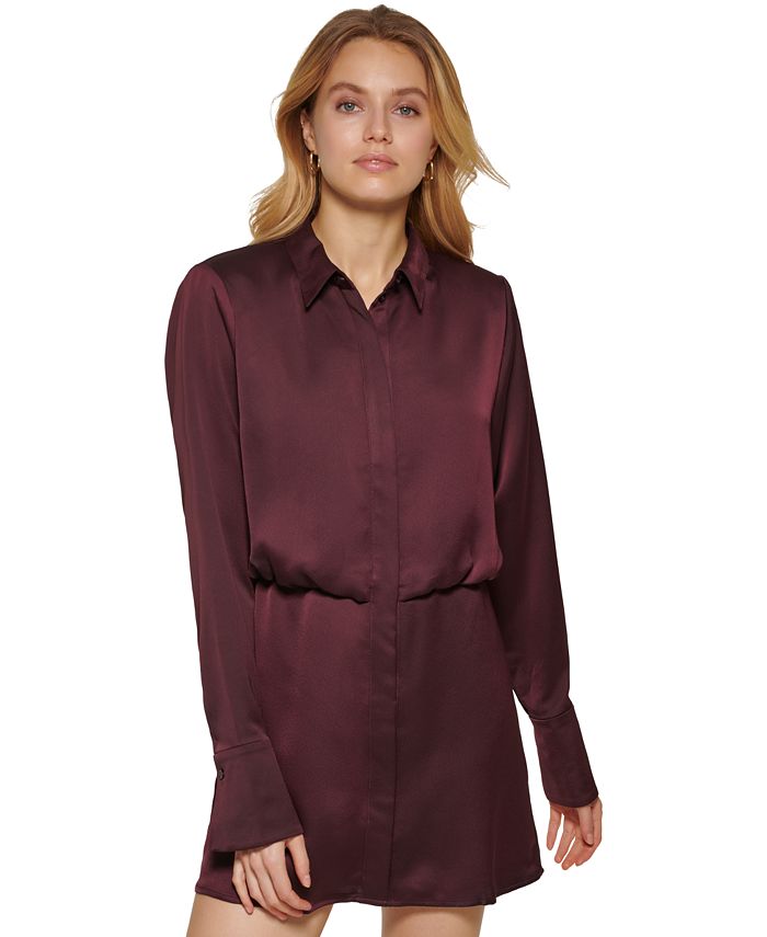 Vestido curto de cetim de manga comprida feminino DKNY, vermelho, tamanho médio