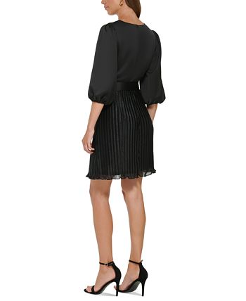 Vestido envelope falso com mangas bufantes e pregas DKNY feminino, preto, tamanho 16