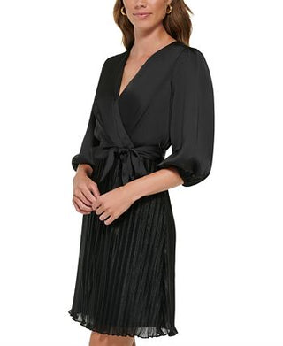 Vestido envelope falso com mangas bufantes e pregas DKNY feminino, preto, tamanho 16