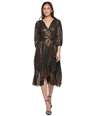 DKNY Women's Metallic Chiffon Faux Wrap Dress Black Size 14