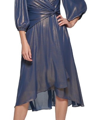 Vestido feminino DKNY com manga balão iridescente e torcido, azul, tamanho 10
