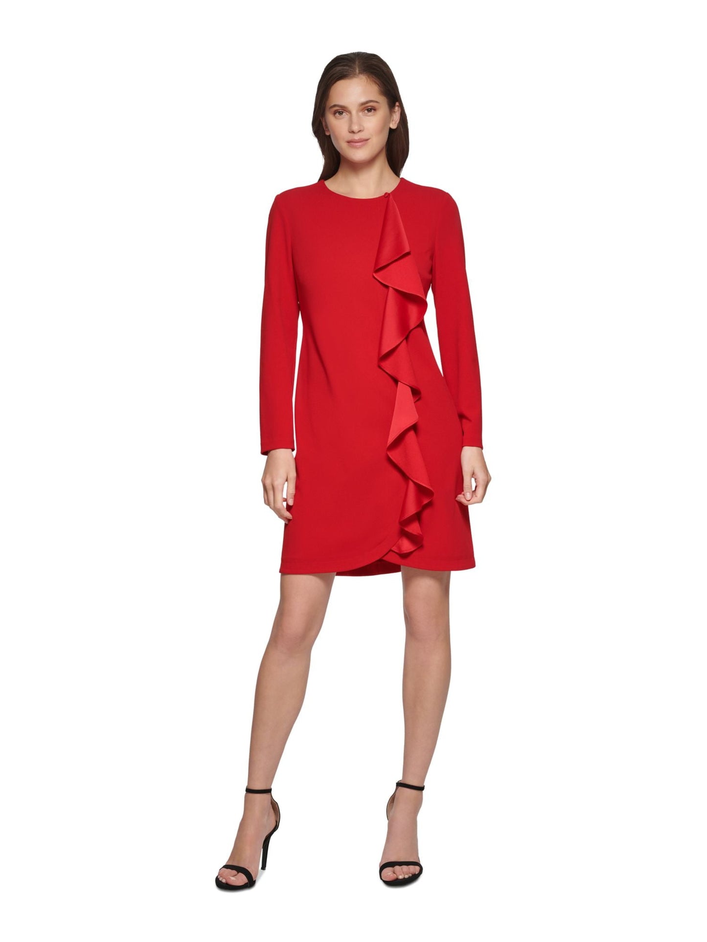 Vestido feminino DKNY com babados em cascata e manga comprida, vermelho, tamanho 2