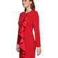 Vestido feminino DKNY com babados em cascata e manga comprida, vermelho, tamanho 2