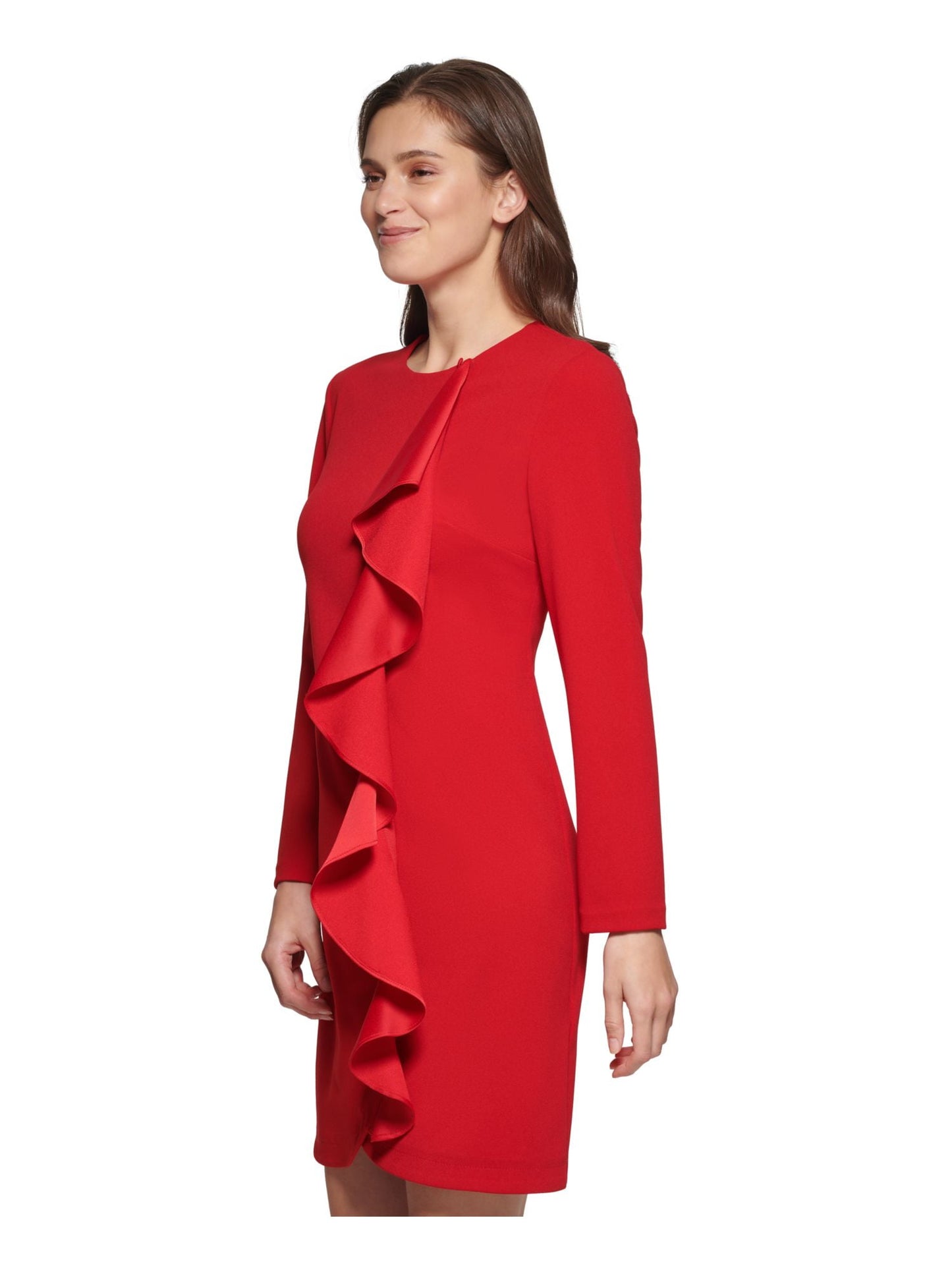 Vestido feminino DKNY com babados em cascata e manga comprida, vermelho, tamanho 2