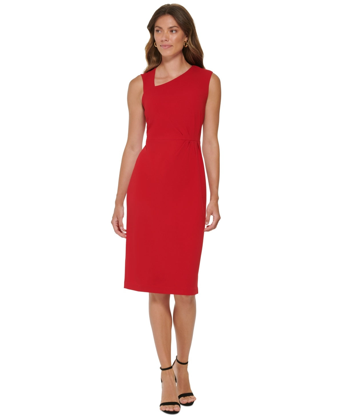 Vestido midi franzido com decote assimétrico feminino DKNY, vermelho, tamanho 12
