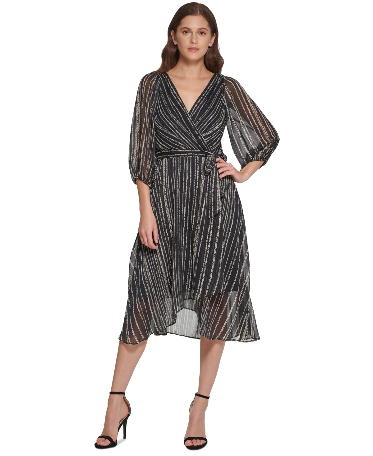 Vestido midi envolvente com manga balão e chiffon estampado feminino DKNY, preto, tamanho 6