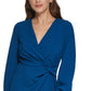 Vestido DKNY Feminino Manga Longa Gola Surplice Faux Wrap Azul Tamanho 4