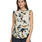Blusa feminina DKNY estampada com botões de um quarto e gola redonda, branca, tamanho X-S