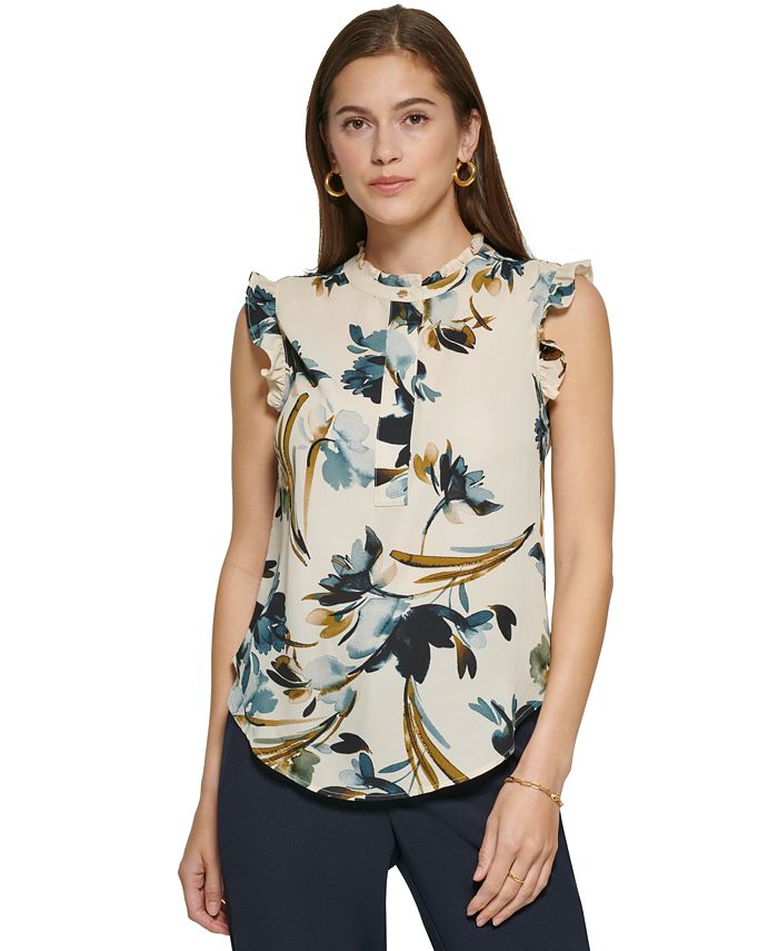 Blusa feminina DKNY estampada com botões de um quarto e gola redonda, branca, tamanho X-S