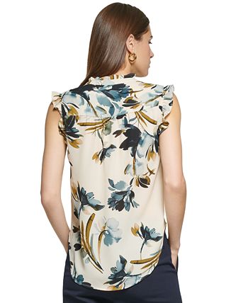 Blusa feminina DKNY estampada com botões de um quarto e gola redonda, branca, tamanho X-S