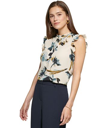 Blusa feminina DKNY estampada com botões de um quarto e gola redonda, branca, tamanho X-S