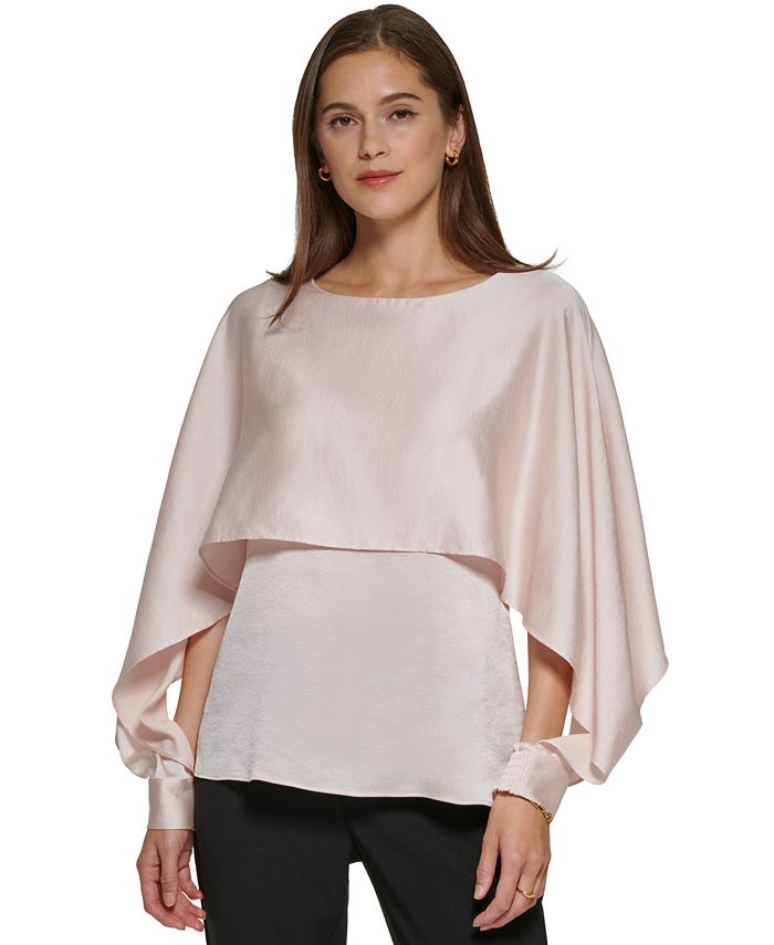 Blusa feminina DKNY com sobreposição de capa e gola redonda, rosa, tamanho grande