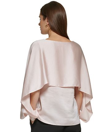 Blusa feminina DKNY com sobreposição de capa e gola redonda, rosa, tamanho grande