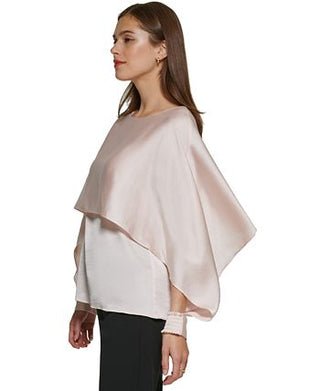 Blusa feminina DKNY com sobreposição de capa e gola redonda, rosa, tamanho grande