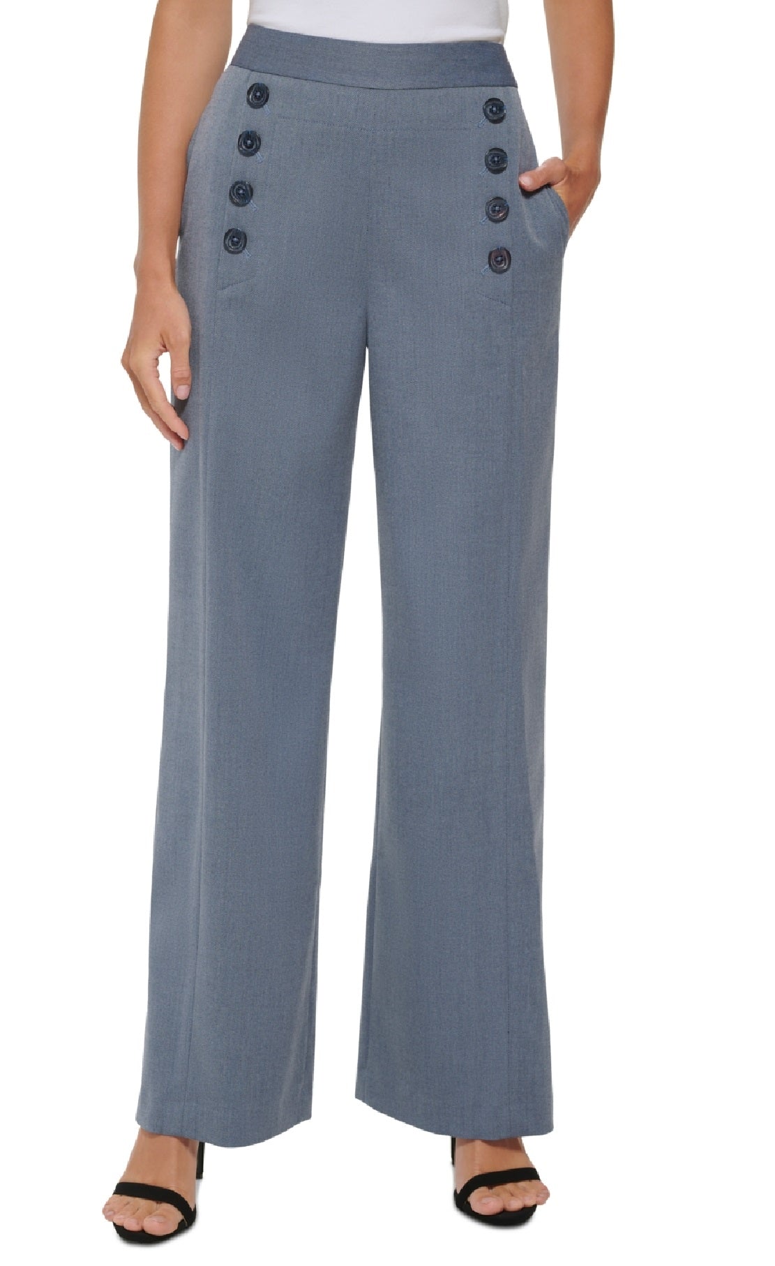 Calça de marinheiro feminina DKNY cintura alta perna larga com botões na frente azul tamanho 2