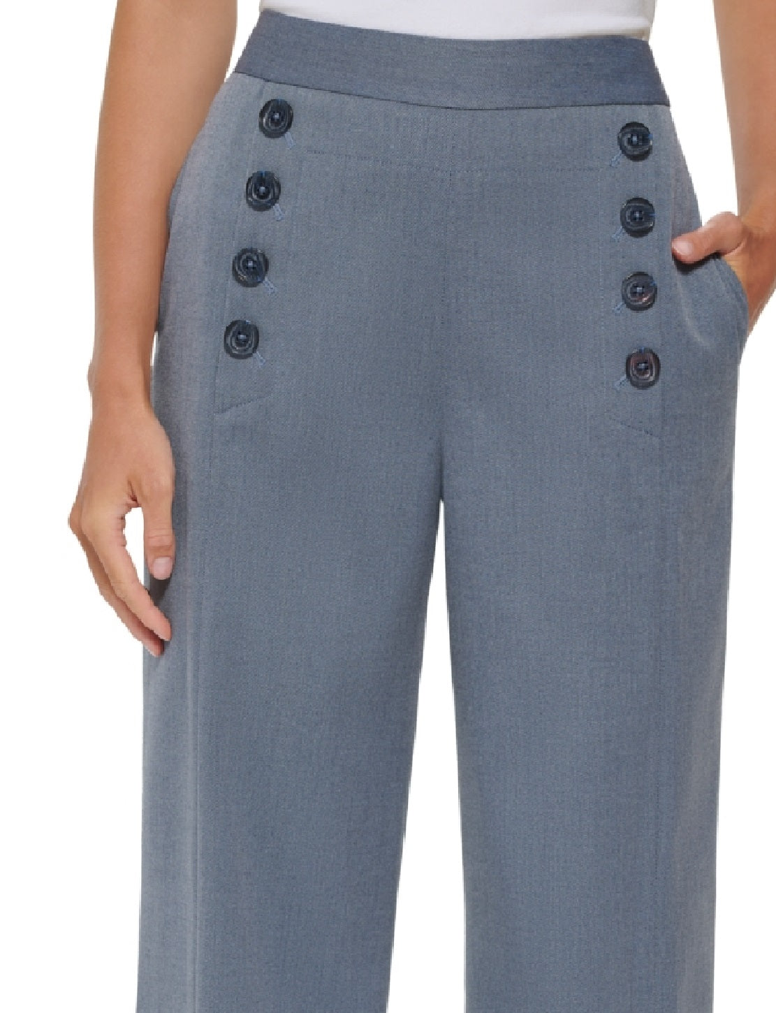 Calça de marinheiro feminina DKNY cintura alta perna larga com botões na frente azul tamanho 2