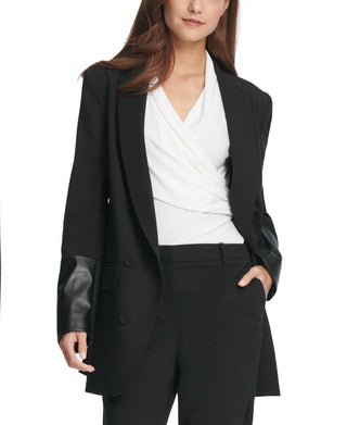 DKNY Women's Faux Leather Cuff Double Breasted Blazer Black Size 4