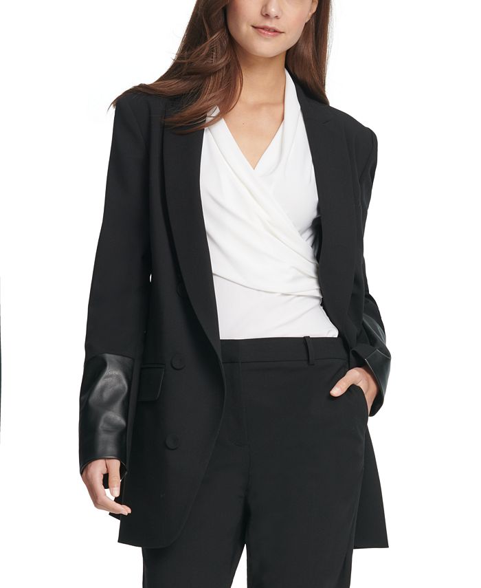 Blazer feminino DKNY com abotoamento duplo e punhos de couro sintético, preto, tamanho 2