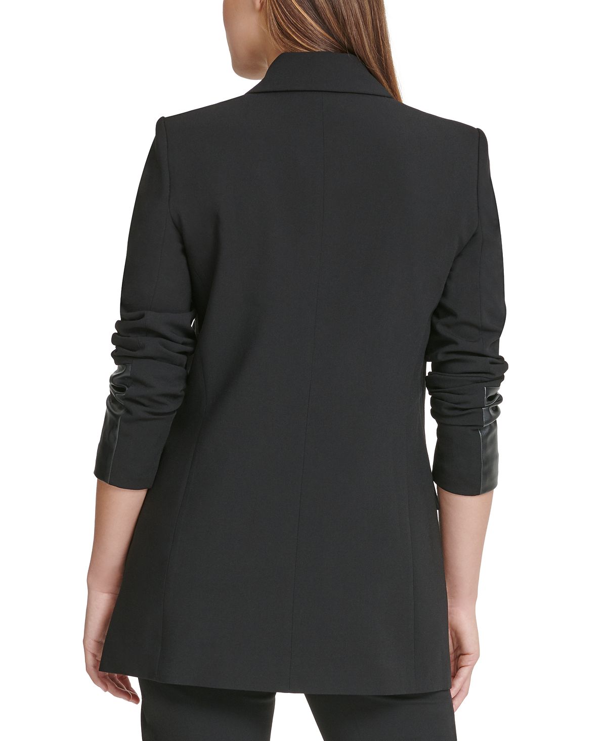 Blazer feminino DKNY com abotoamento duplo e punhos de couro sintético, preto, tamanho 2