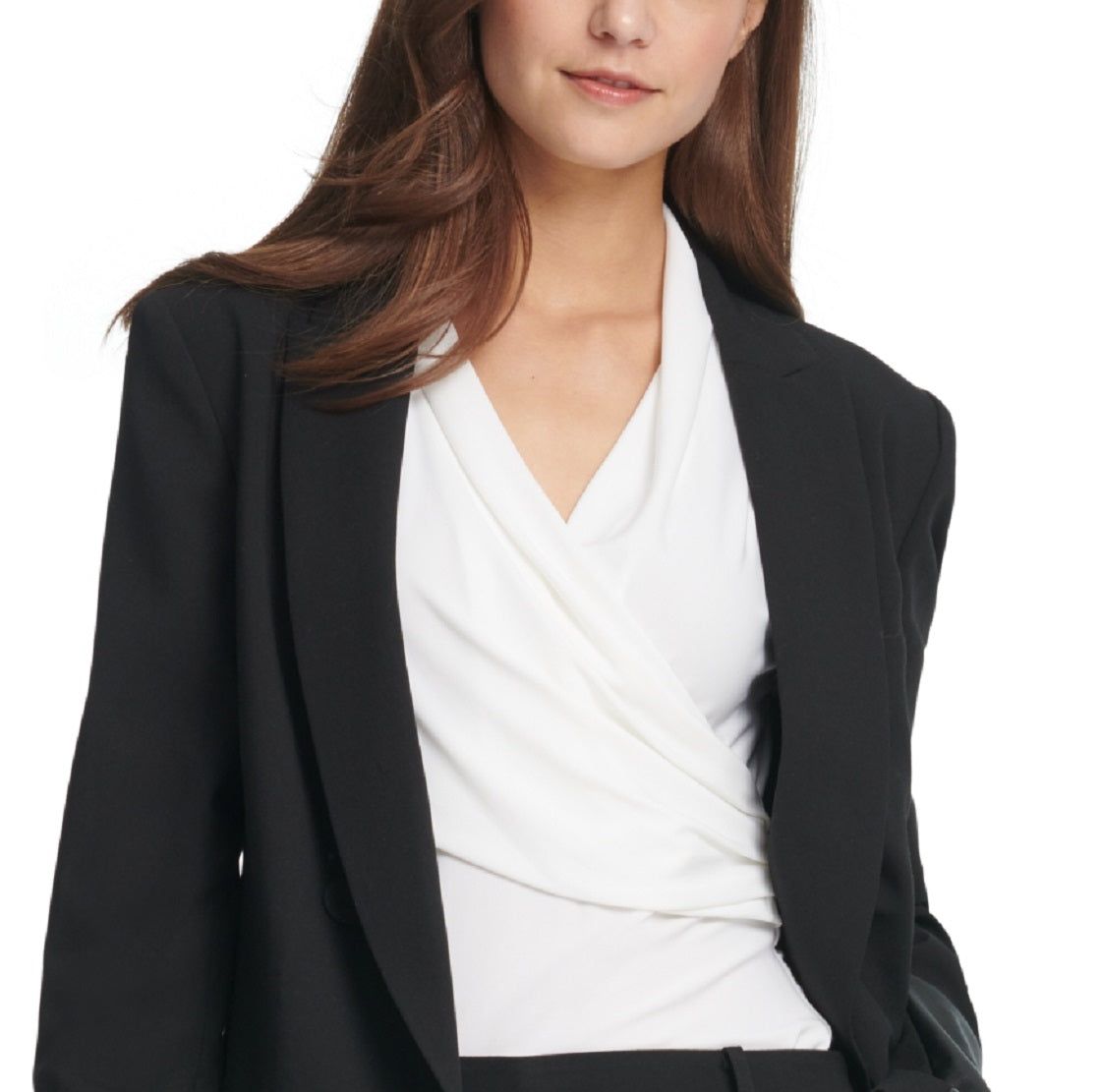 Blazer feminino DKNY com abotoamento duplo e punhos de couro sintético, preto, tamanho 2