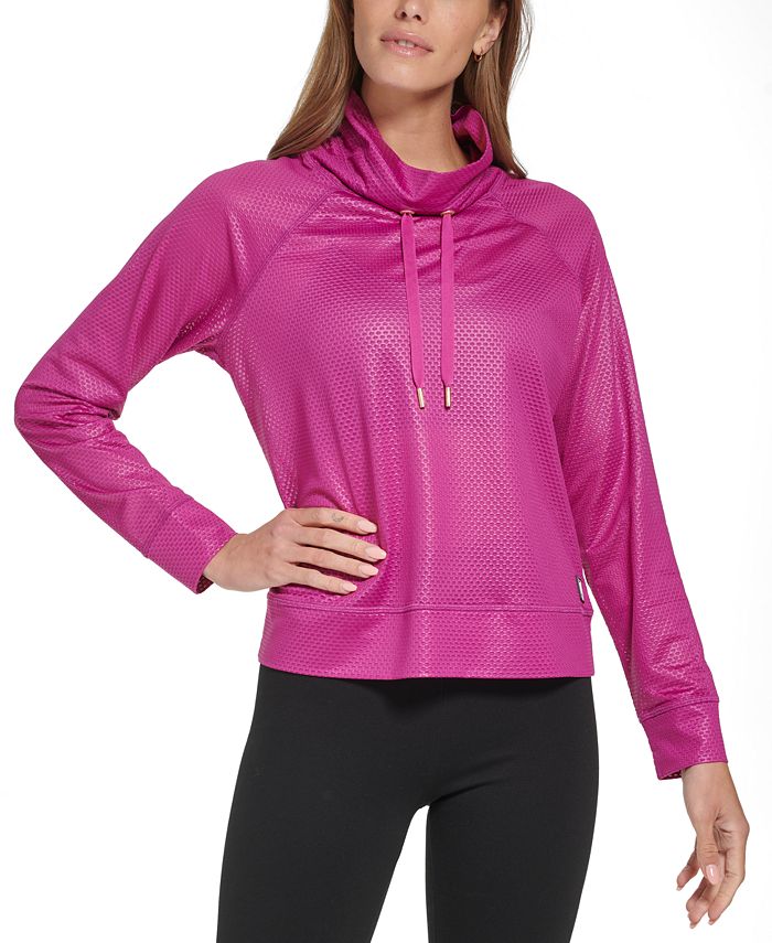 Moletom feminino DKNY Honeycomb Mesh com gola funil, rosa, tamanho extragrande