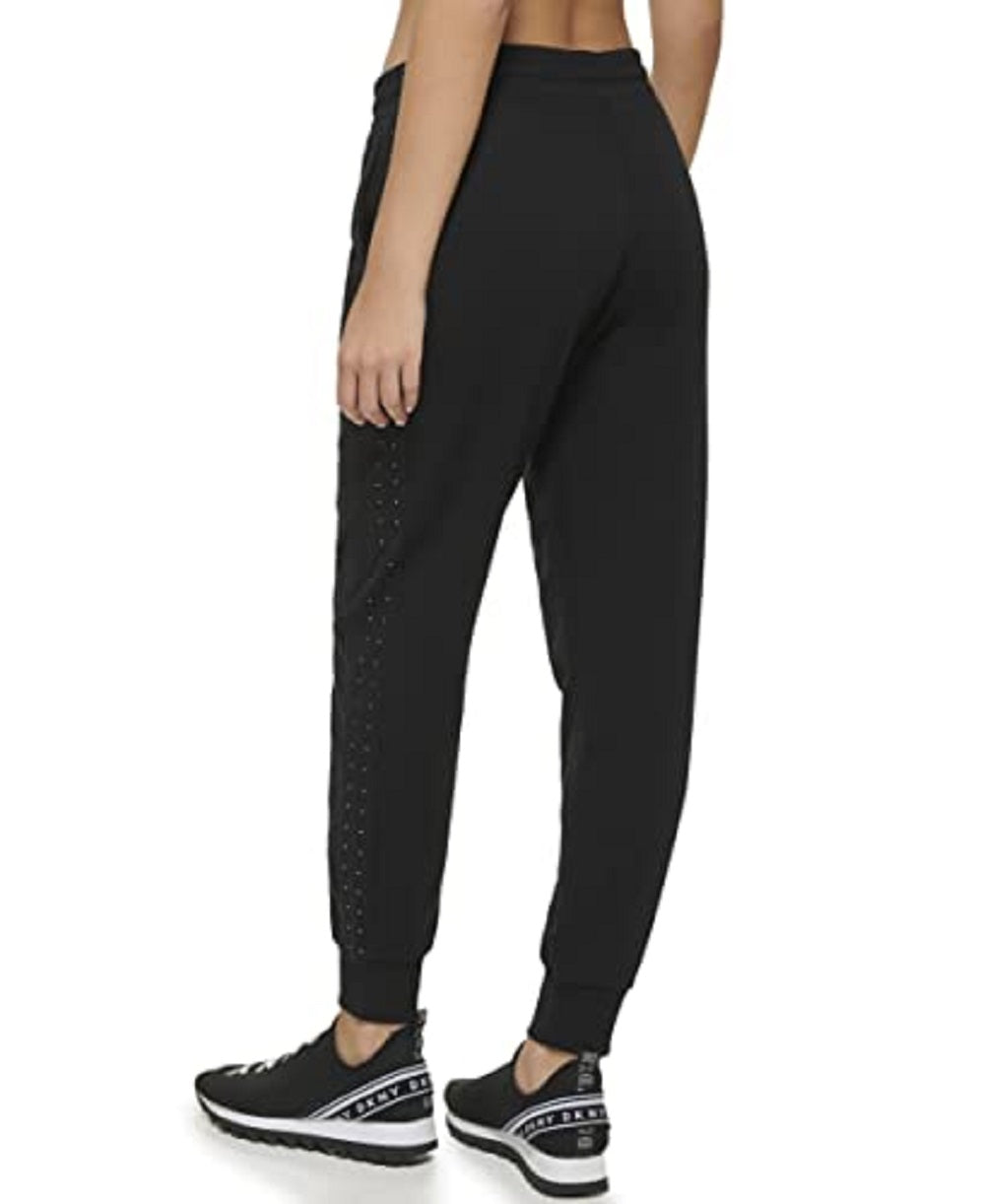 Calça jogger feminina DKNY com strass, preta, tamanho médio