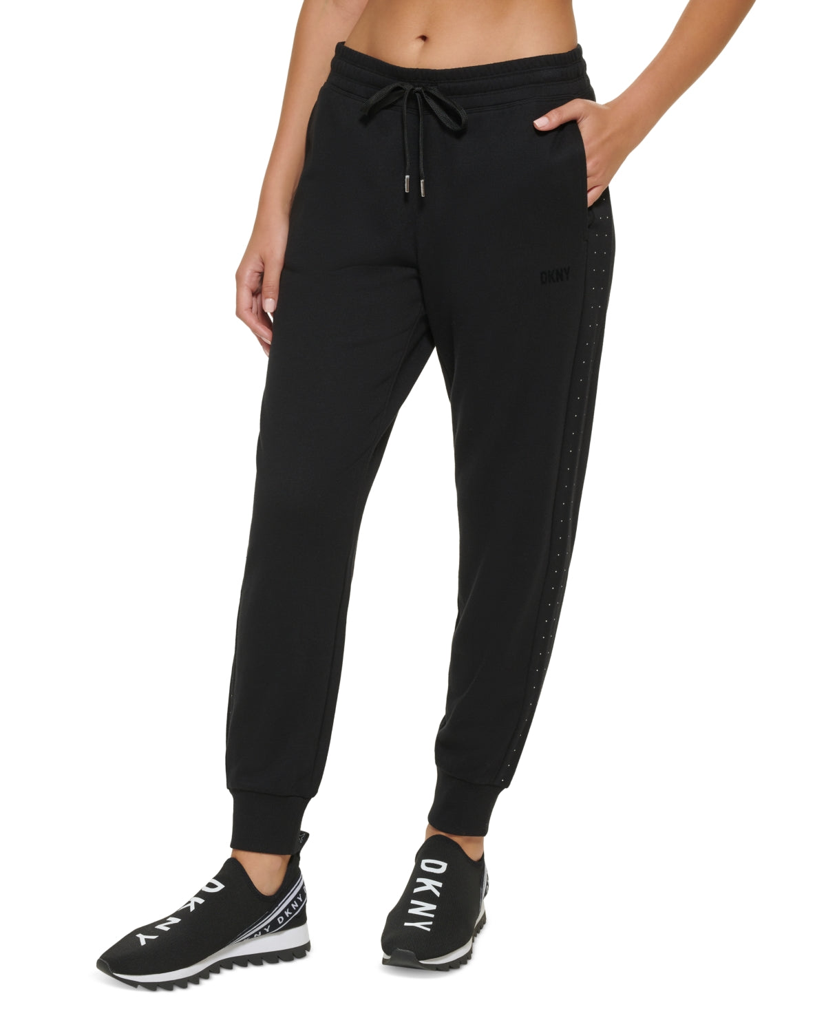Calça jogger feminina DKNY com strass, preta, tamanho médio