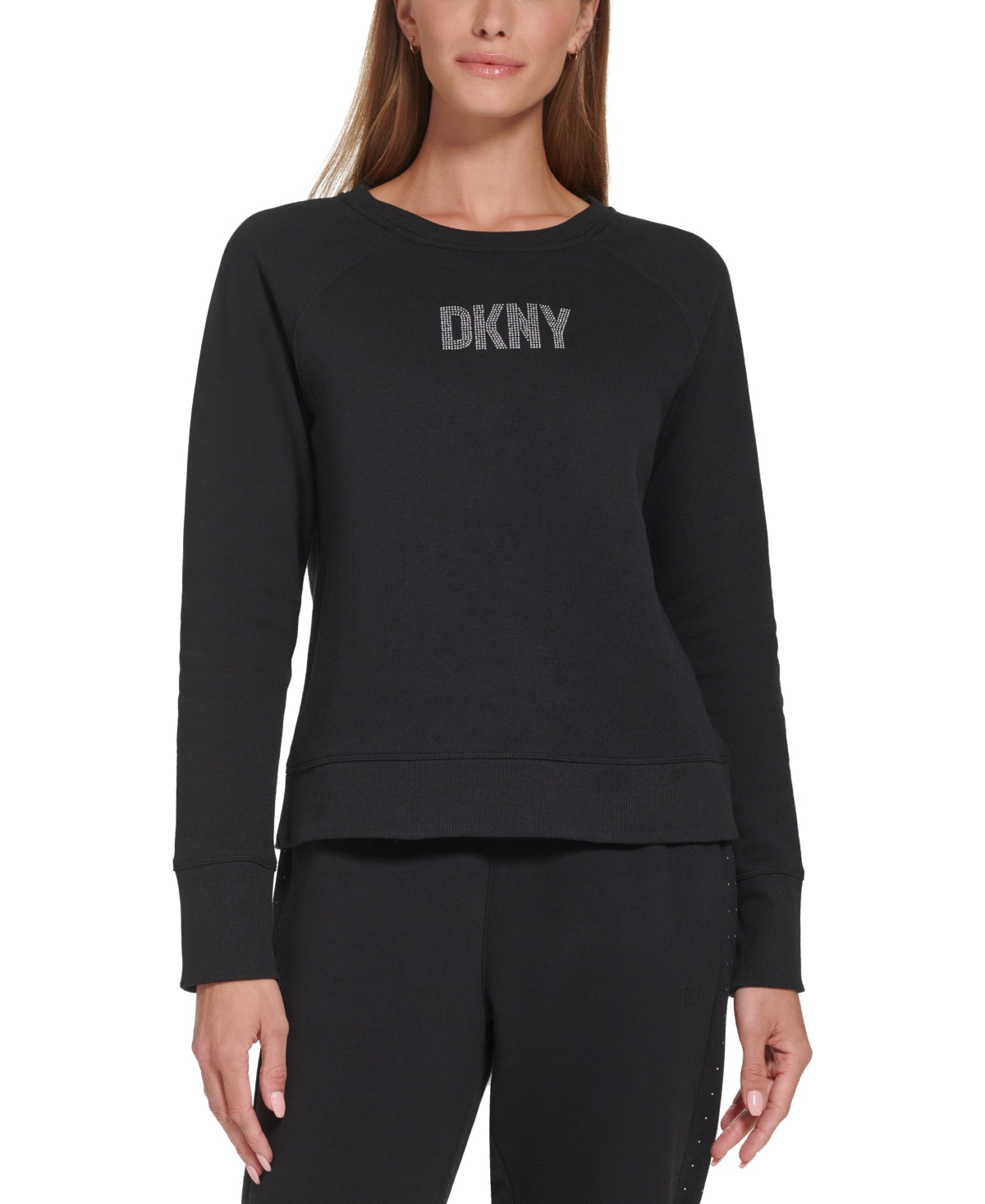 Moletom feminino DKNY com estampa de logotipo de strass e gola redonda, preto, tamanho médio