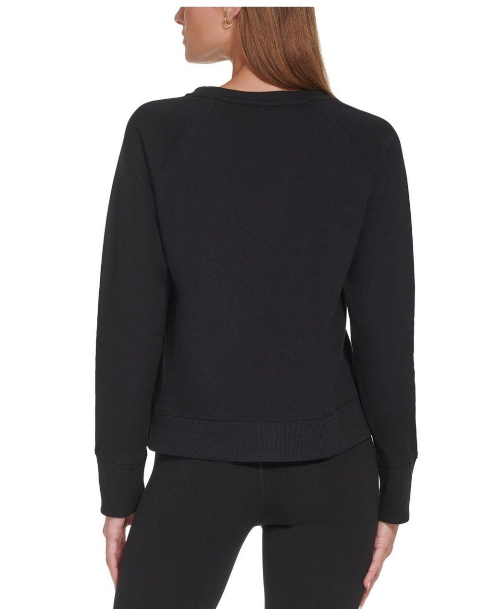 Moletom feminino DKNY com estampa de logotipo de strass e gola redonda, preto, tamanho médio