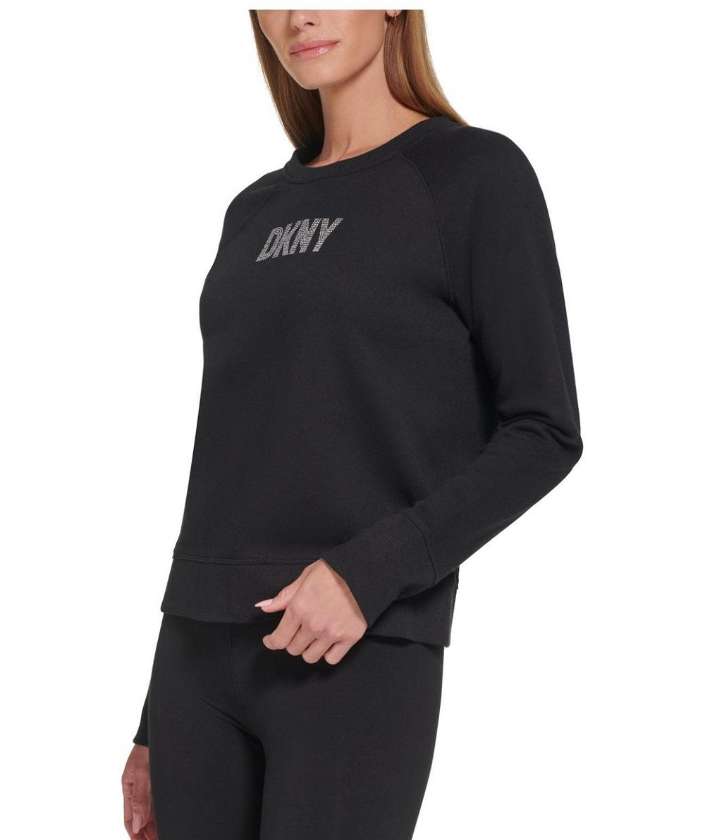 Moletom feminino DKNY com estampa de logotipo de strass e gola redonda, preto, tamanho médio