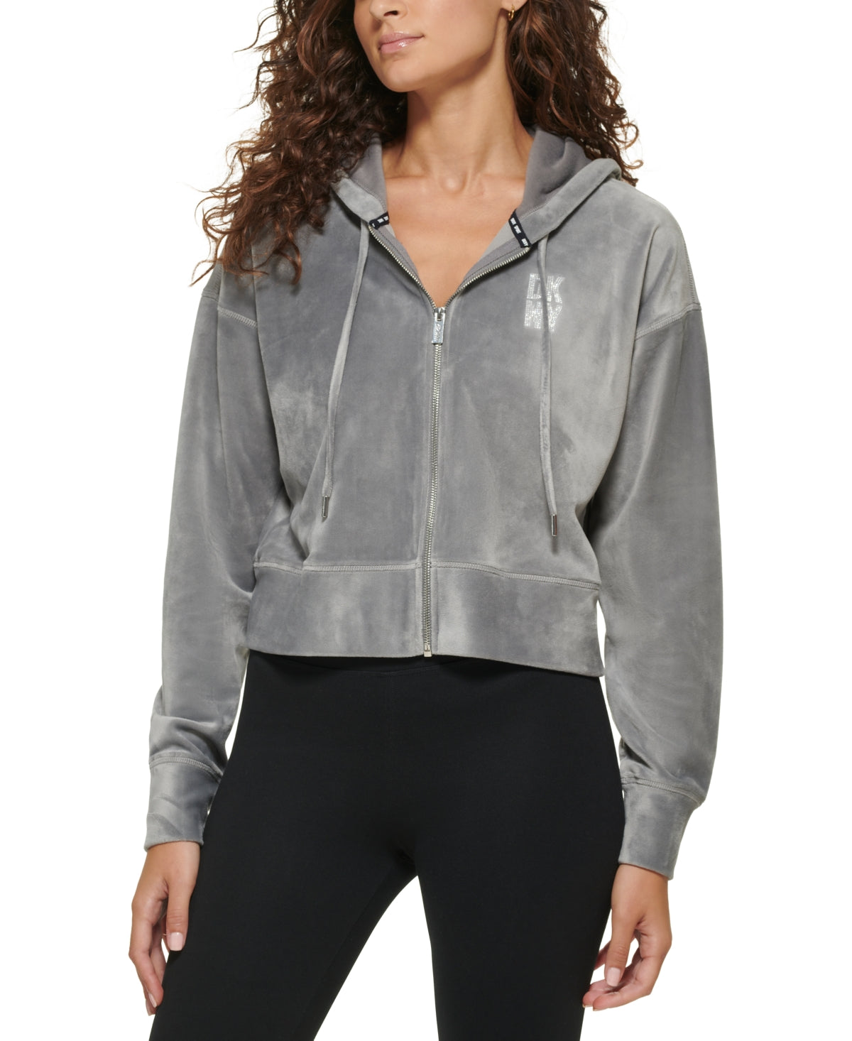 DKNY Moletom com capuz feminino com zíper e logotipo de strass em veludo, tamanho X-G