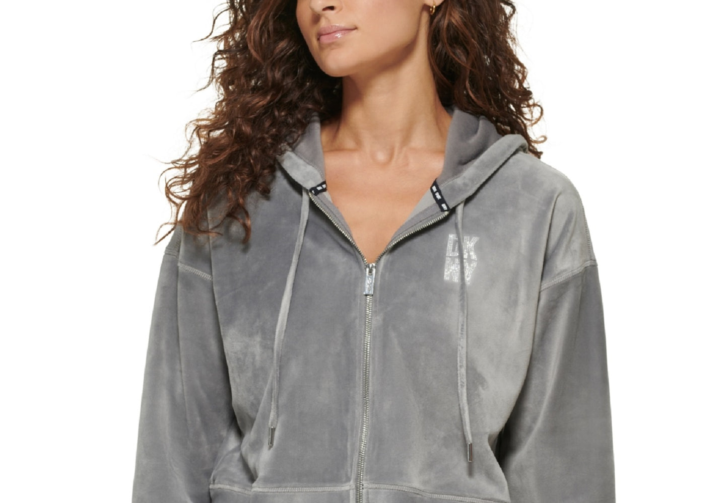 DKNY Moletom com capuz feminino com zíper e logotipo de strass em veludo, tamanho X-G