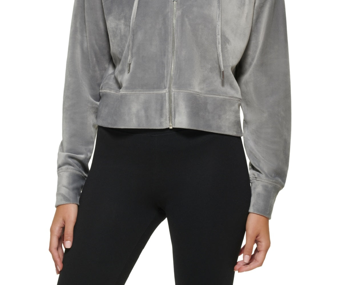 DKNY Moletom com capuz feminino com zíper e logotipo de strass em veludo, tamanho X-G