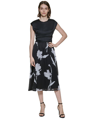 Vestido midi feminino DKNY com manga curta, preto, tamanho 6