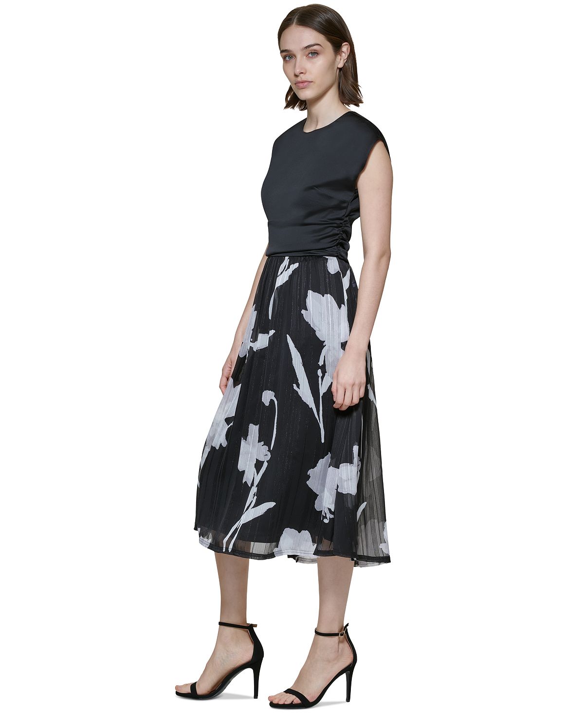 Vestido midi feminino DKNY com manga curta, preto, tamanho 6