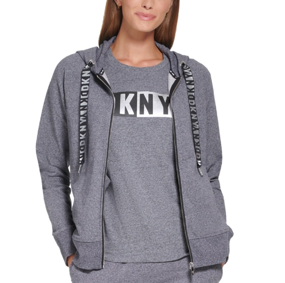Moletom com capuz feminino DKNY com logotipo metálico em dois tons, cinza, tamanho extragrande
