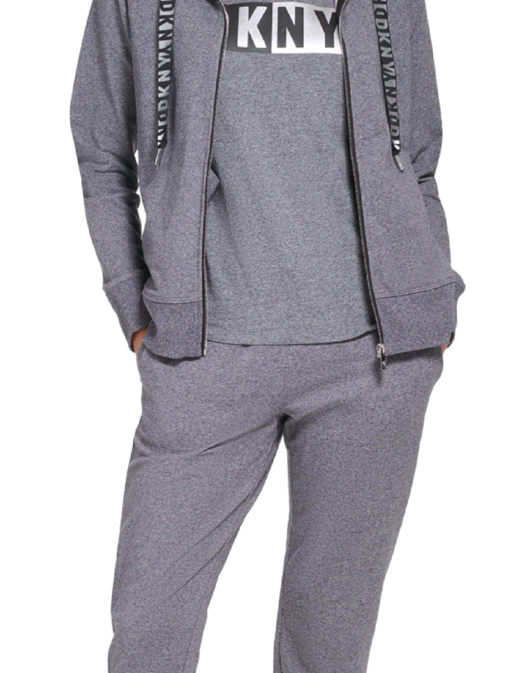 Moletom com capuz feminino DKNY com logotipo metálico em dois tons, cinza, tamanho extragrande