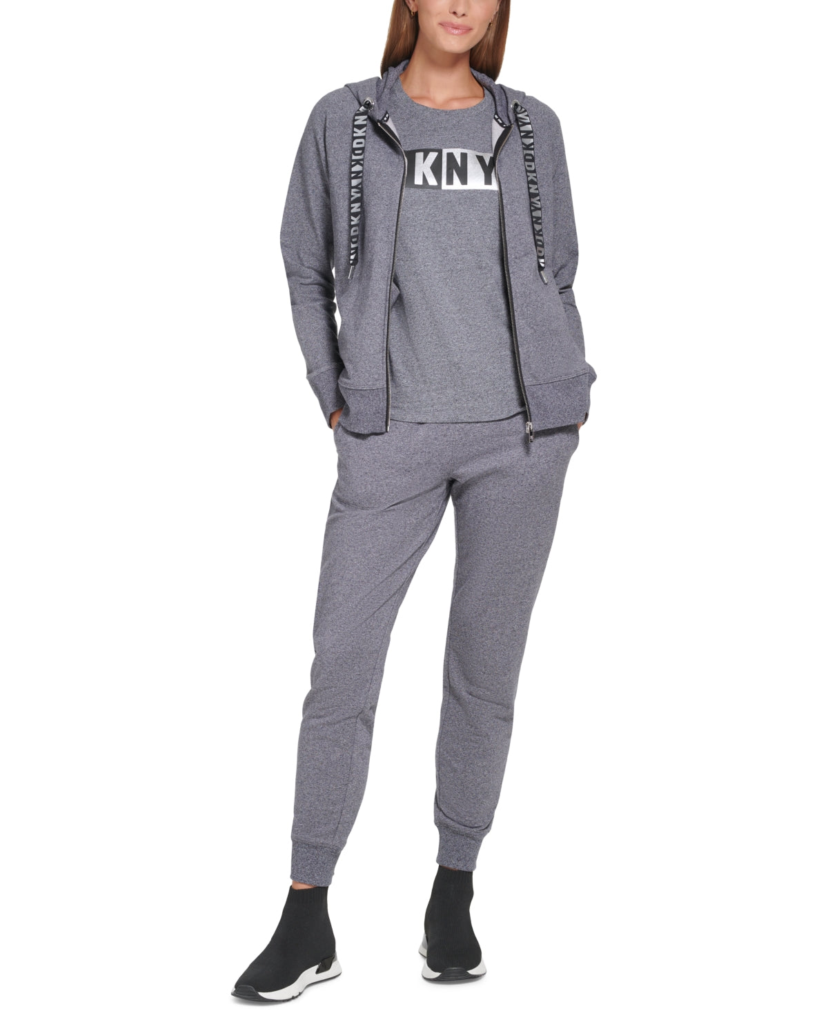 Moletom com capuz feminino DKNY com logotipo metálico em dois tons, cinza, tamanho extragrande