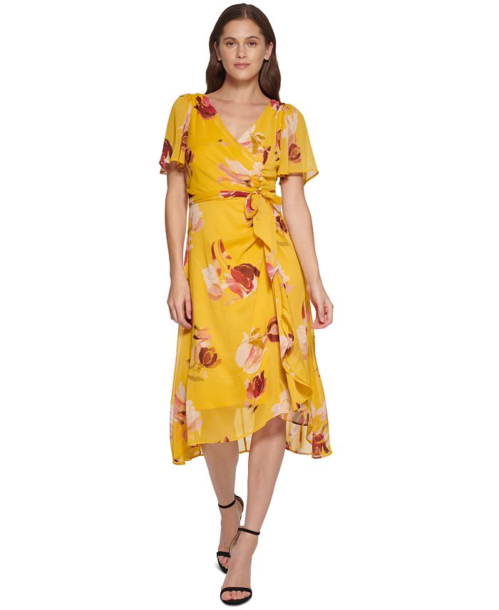 Vestido feminino DKNY com decote em V e mangas curtas, amarelo, tamanho 16