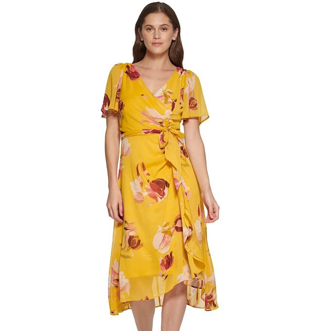 Vestido feminino DKNY com decote em V e mangas curtas, amarelo, tamanho 16