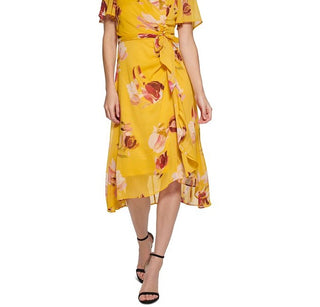 Vestido feminino DKNY com decote em V e mangas curtas, amarelo, tamanho 16