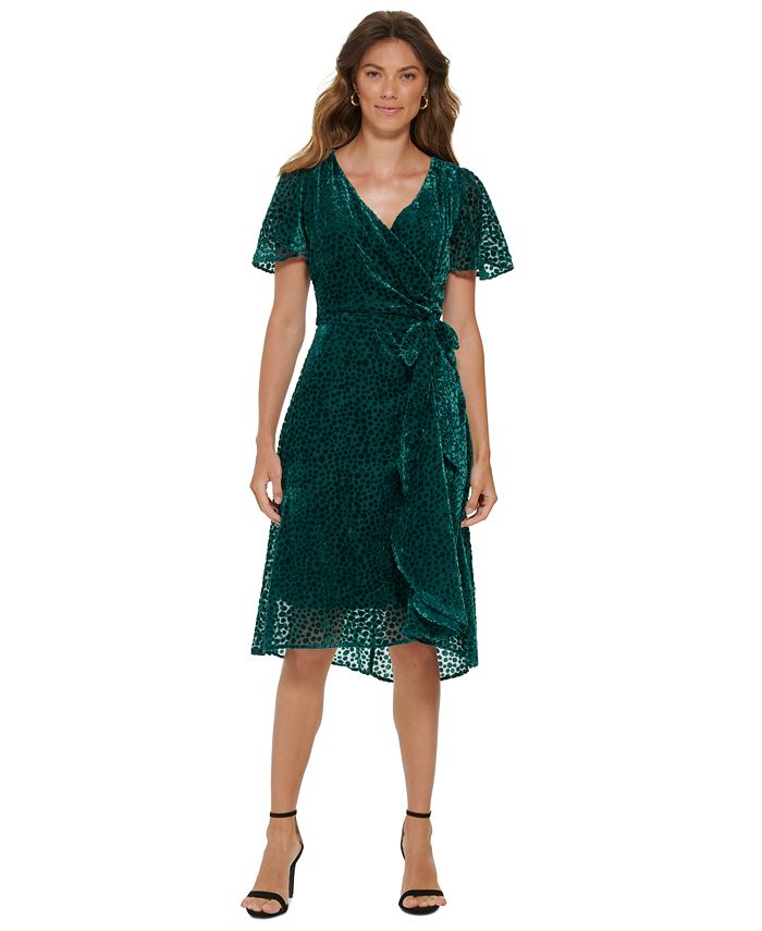 Vestido midi feminino DKNY Burnout Velvet com mangas esvoaçantes, verde, tamanho 14