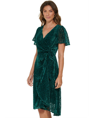 Vestido midi feminino DKNY Burnout Velvet com mangas esvoaçantes, verde, tamanho 8