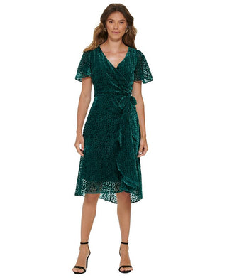 Vestido midi feminino DKNY Burnout Velvet com mangas esvoaçantes, verde, tamanho 6