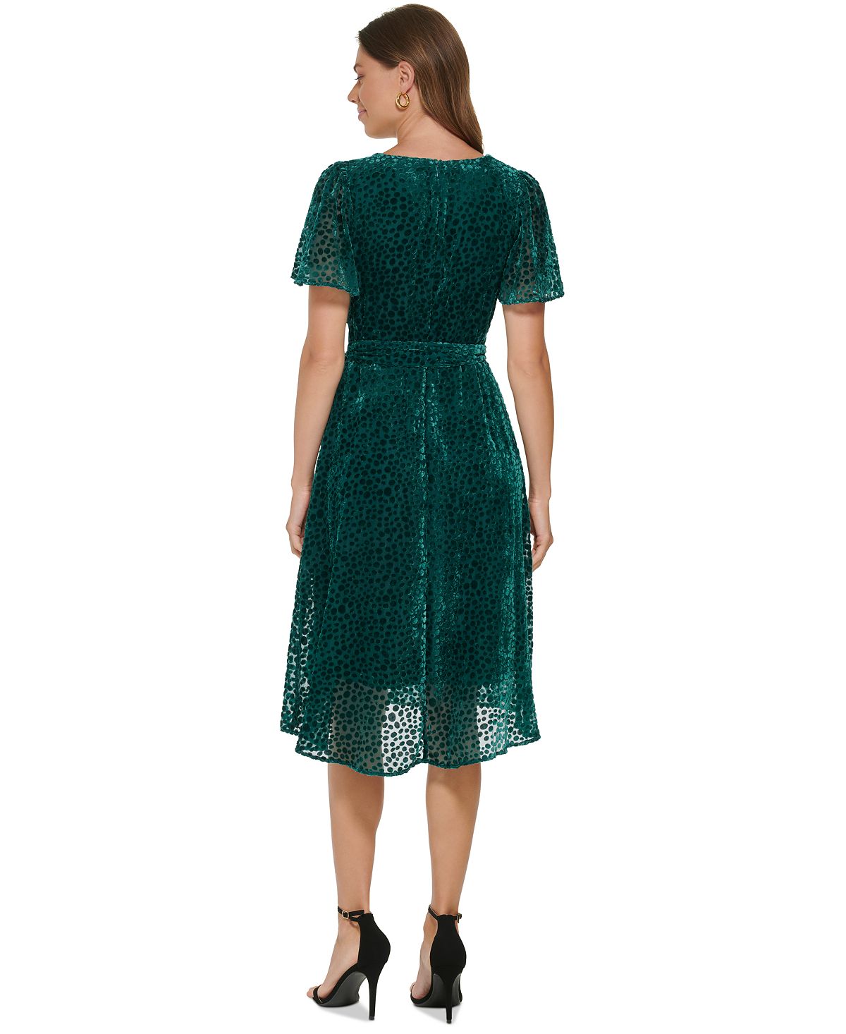 Vestido midi feminino DKNY Burnout Velvet com mangas esvoaçantes, verde, tamanho 6
