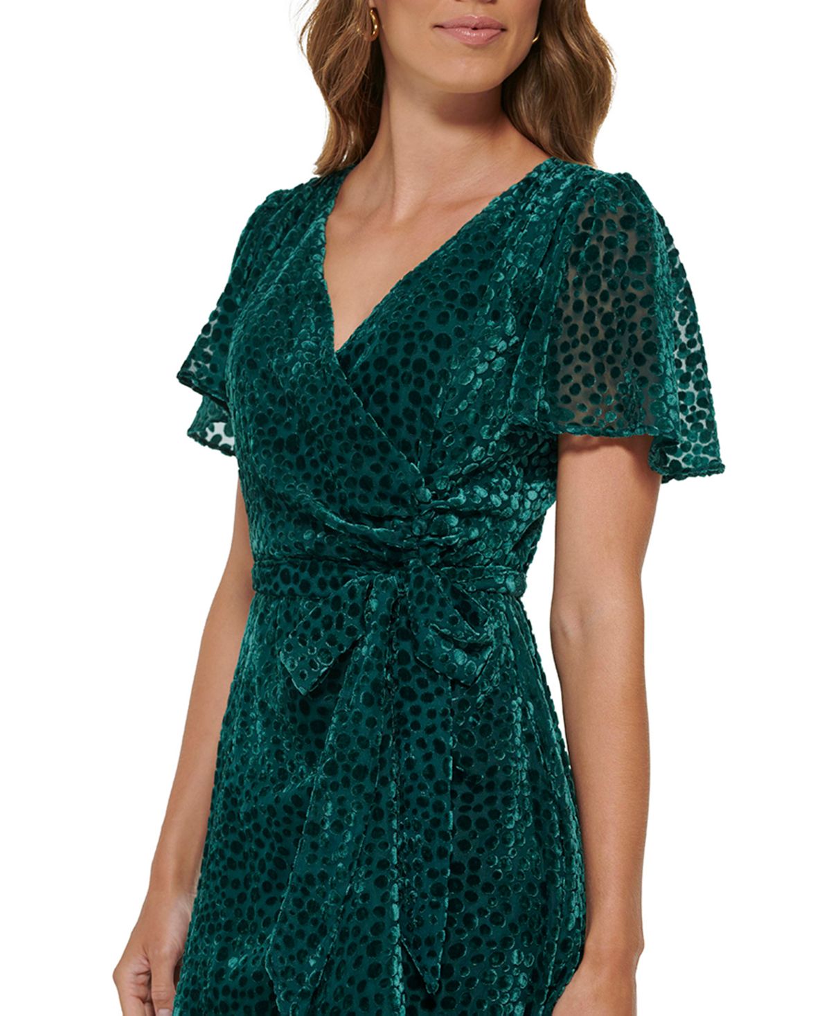 Vestido midi feminino DKNY Burnout Velvet com mangas esvoaçantes, verde, tamanho 6