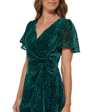 Vestido midi feminino DKNY Burnout Velvet com mangas esvoaçantes, verde, tamanho 6