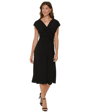 Vestido midi com decote em V franzido feminino DKNY, preto, tamanho 14