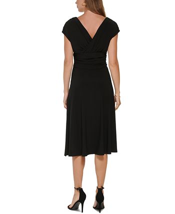 Vestido midi com decote em V franzido feminino DKNY, preto, tamanho 14