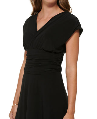 Vestido midi com decote em V franzido feminino DKNY, preto, tamanho 14